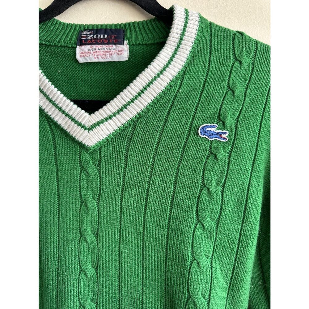 Vintage 80s Izod Lacoste Cable Knit Tennis Sweater Green Collegiate Small XS - Picture 3 of 12
